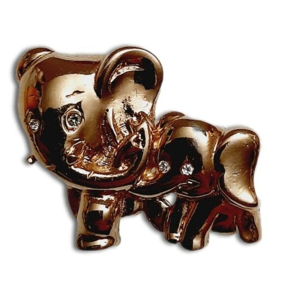 Vintage Goldtone Mom & Baby Elephant Brooch Sparkle Rhinestone Eyes Jewelry Pin